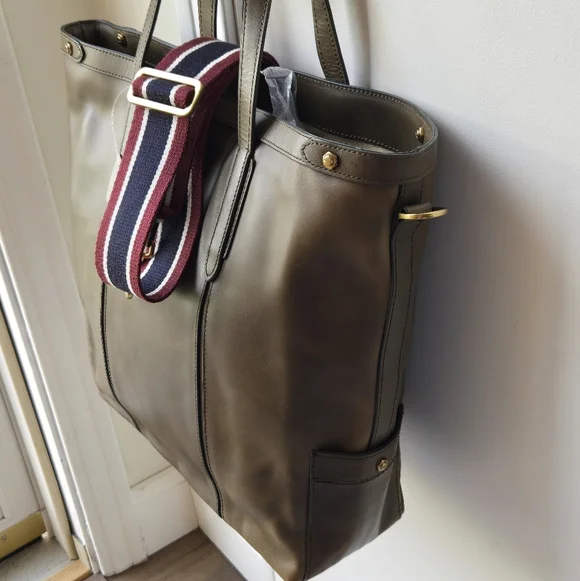 NWT J. Crew Oar Leather Tote Bag Mens Olive Green/Brown - Picture 4 of 16